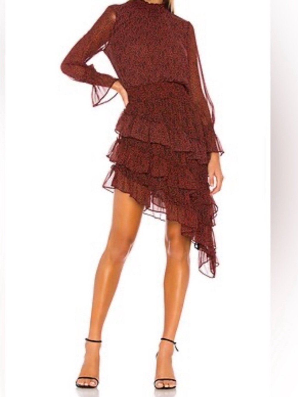 Misa Los Angeles Burgundy Asymmetrical Ruffle Midi Dress